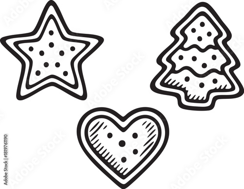 Linocut cookie shapes star tree and heart for Christmas baking themes festive packaging labels and seasonal decoration