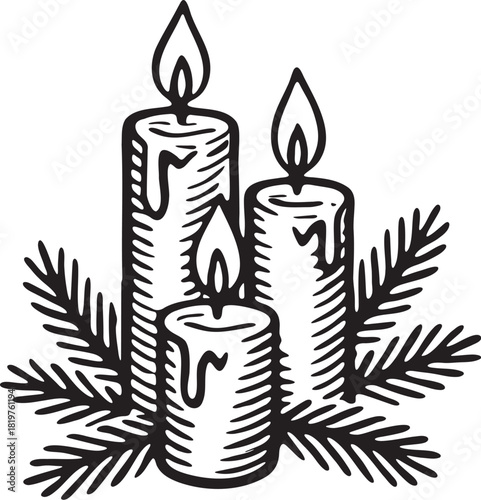 Christmas candles with pine branches in linocut style for winter holiday decoration festive cards and packaging label elements