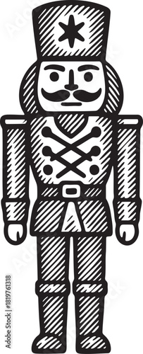Vintage nutcracker soldier in linocut style for Christmas themes festive packaging labels winter decoration and seasonal artwork