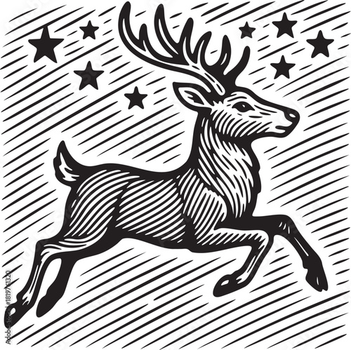 Linocut illustration of leaping reindeer under starry sky for xmas cards festive packaging winter themes and holiday decoration