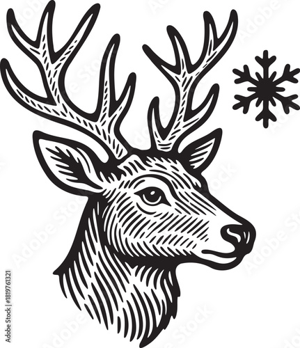Reindeer head with snowflake in linocut style for xmas packaging winter themes festive labels and holiday decoration