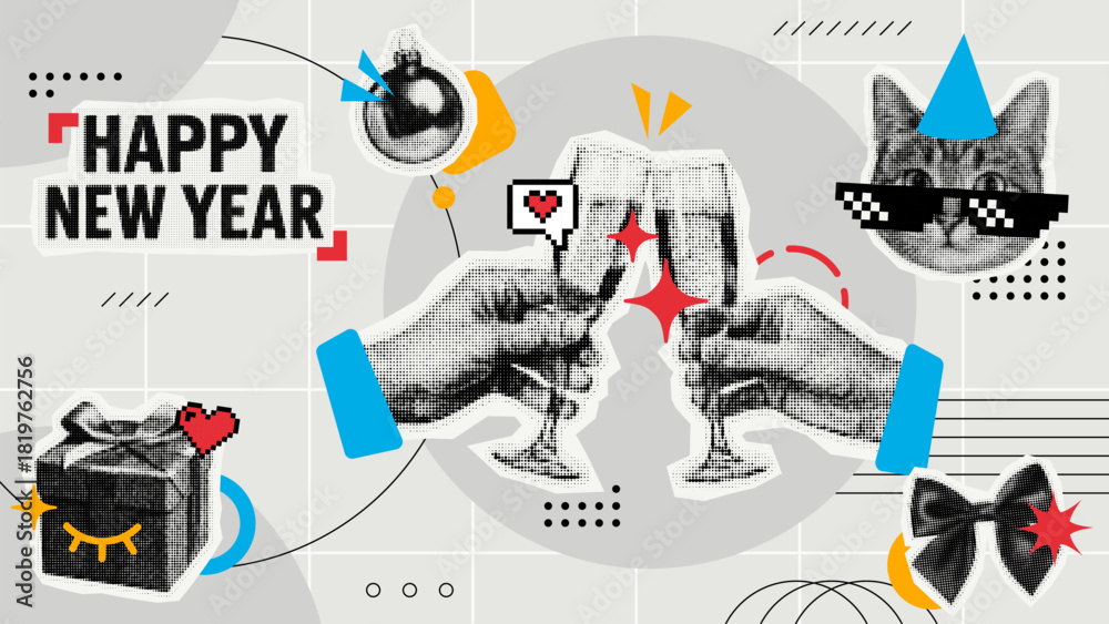 Fototapeta Happy New Year collage art with hands cheering champagne glasses, cool cat in party hat, gift, and holiday elements for greeting card or banner.