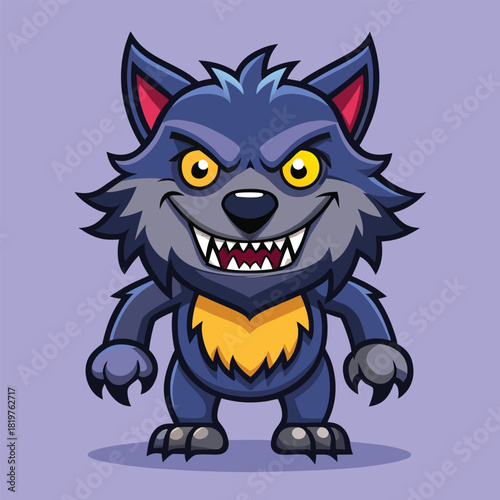Spooky cartoon werewolf with glowing eyes and sharp teeth standing against a purple background