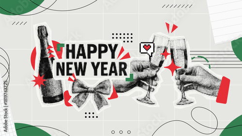 Happy New Year collage with champagne bottle and toasting glasses. Celebration and holiday greeting card concept for New Years Eve. Retro halftone dot effect.