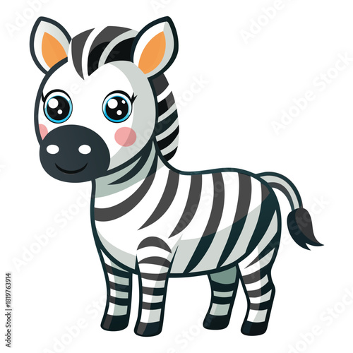 Adorable cartoon zebra with big eyes and pink cheeks standing on white background
