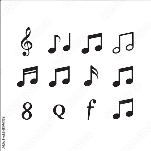 simple muscial icons set black and white,music notation symbols vector design elements graphic design