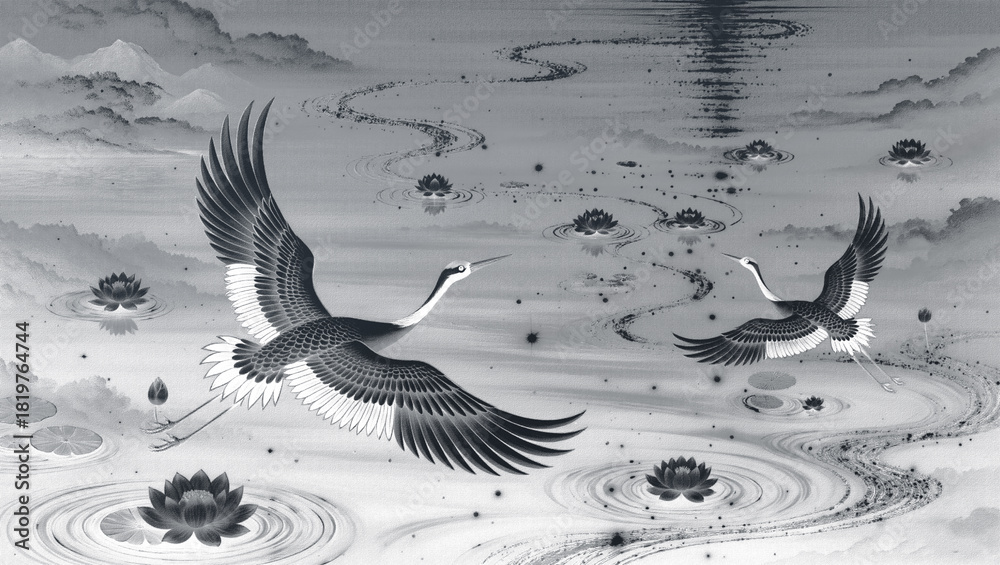 Obraz premium Elegant Cranes Flying over Lotus Lake, Traditional Asian Nature Art, Serene Monochrome Landscape Illustration