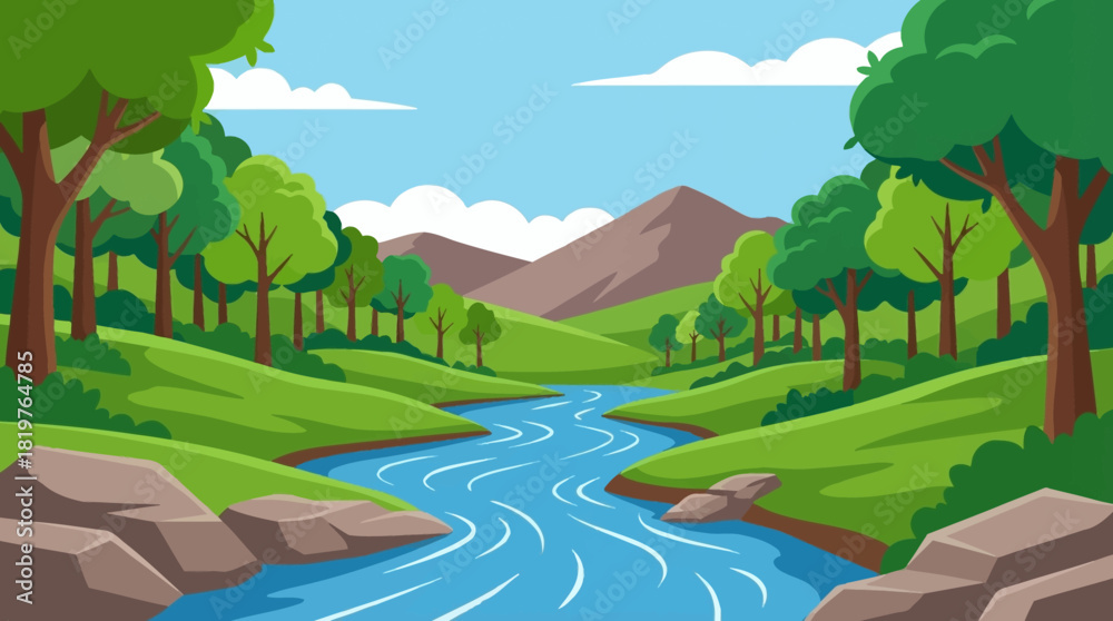 Fototapeta premium Amazing landscape green forest with river, trees, grass, blue sky wallpaper background, painting for kid books