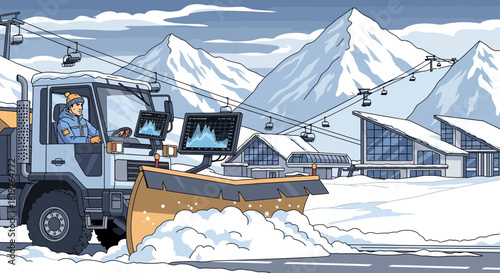 Cartoon illustration of a snowplow removing snow in a mountain resort area