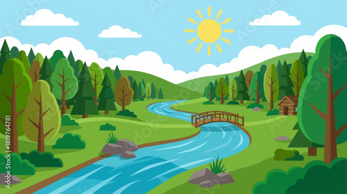 Amazing landscape green forest with river, trees, grass, blue sky wallpaper background, painting for kid books
