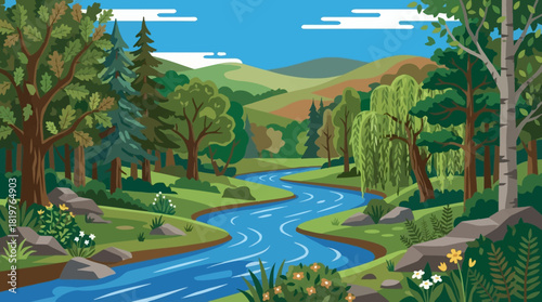 Amazing landscape green forest with river, trees, grass, blue sky wallpaper background, painting for kid books
