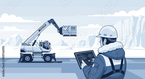 Antarctic Logistics: A Construction Worker Overseeing Heavy Equipment Operations