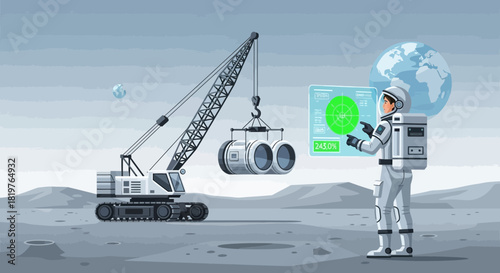 Astronaut coordinating construction project on moon's surface using augmented reality