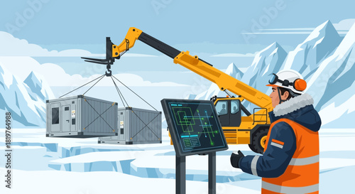 Logistics operation in antarctica with heavy machinery and remote monitoring