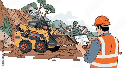 Surveyor assesses landslide damage with tablet, excavator poised for cleanup