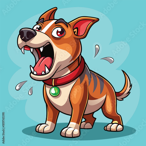 Energetic cartoon pitbull puppy barking loudly with droplets flying around