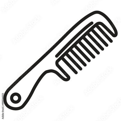 A simple black outline drawing of a plastic comb with a handle and closely spaced teeth on white
