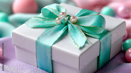 Elegant gift box with ribbon and pearls. A teal-ribboned gift box on a pastel background with candies, perfect for special occasions.