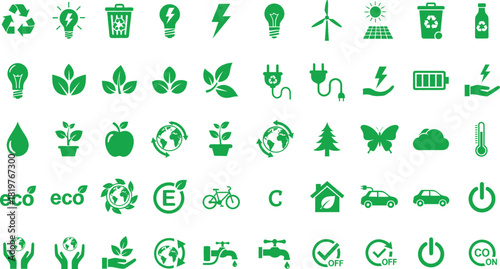Green eco friendly icons set for sustainability and conservation