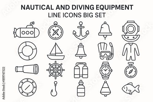 Nautical and Diving Equipment Line Icons Set