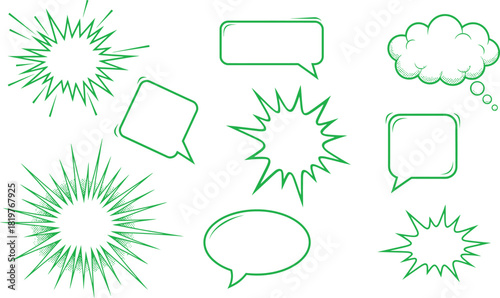 Green hand drawn speech bubbles and thought balloons set