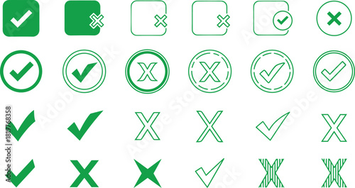 Hand drawn check marks and crosses green set