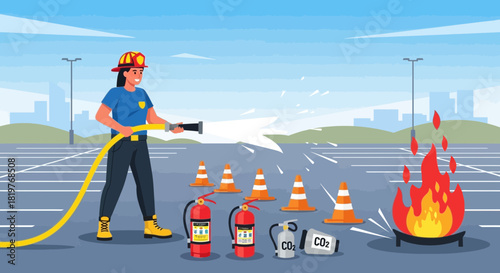 Firefighter extinguishing flames during a training exercise outdoors illustration