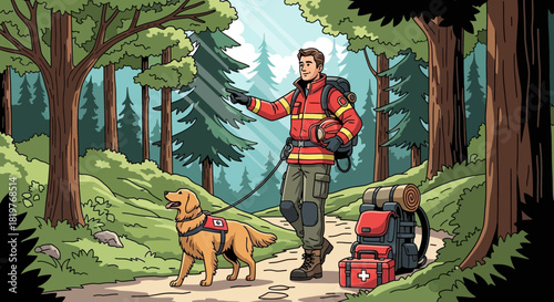Animated search and rescue team: Man and dog navigating through the wilderness