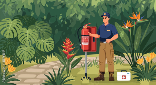 Professional checking fire safety equipment nestled within a botanical garden setting