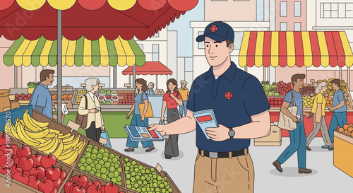 Vibrant farmers market scene featuring a promoter distributing leaflets among shoppers