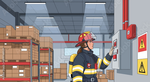 Firefighter activates emergency system in industrial warehouse facility situation