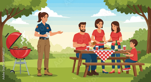Family picnic observed by a park ranger ensuring compliance with regulations