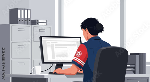 Firefighter dispatch operator working at computer in station office, illustration