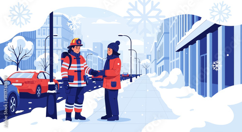 Firefighter assisting citizen during winter season on snowy city street illustration