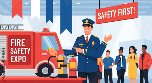 Illustration of a Fire Safety Expo Event with Firefighter and Visitors