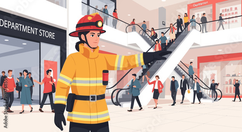 Professional firefighter directs evacuation in a bustling department store during a drill
