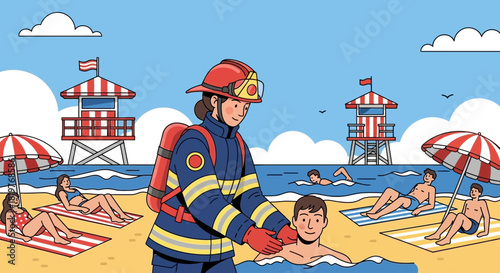 Firefighter rescuing a swimmer at a crowded beach with lifeguard tower illustration