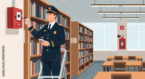 Library safety inspection, officer checking fire alarm system regularly