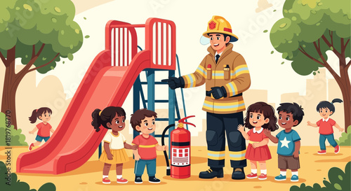 Cartoon Illustration of Firefighter Teaching Safety to Children at Playground