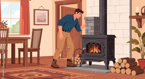 Cozy animated scene featuring a man attending to a wood burning stove indoors