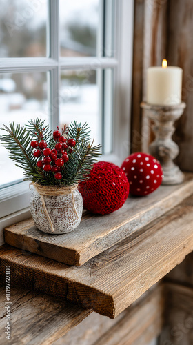 Winter decor on a shelf. A cozy winter scene with red decorations and green plants placed on a wooden shelf by a window.
