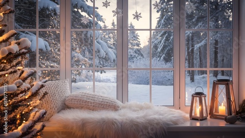 Cozy winter window scene with snow-covered trees and warm candlelight invites peaceful reflection this holiday season, creating a comforting atmosphere