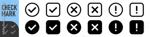 Black tick black cross vector icons. Tick and cross marks. Accepted, rejected, approved, disapproved, right, wrong, correct, false symbols. Checkbox and cross, thin line icons. Check and wrong marks