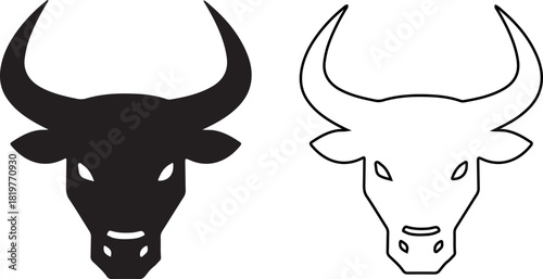 Minimalist bull head icons, one solid black silhouette and one outline, symbolizing strength, finance, zodiac, and farm animal concepts.