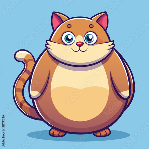 Adorable cartoon illustration of a very plump round orange tabby cat with big blue eyes