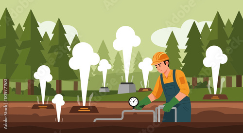 Geothermal energy exploration and industrial worker managing pressure levels