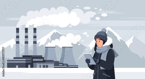 Monitoring industrial emissions: A woman using technology in winter landscape