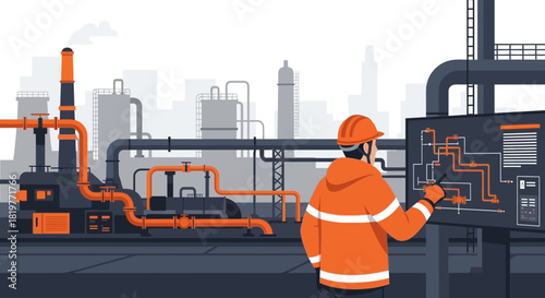 Plant engineer reviewing schematic design, industrial complex management