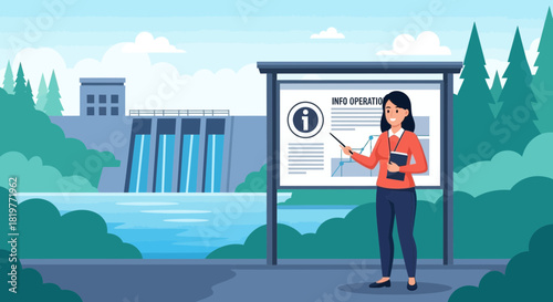 Informative presentation about hydropower plant operation with scenic backdrop