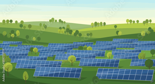 Sustainable energy landscape with vibrant solar panel installation and lush fields